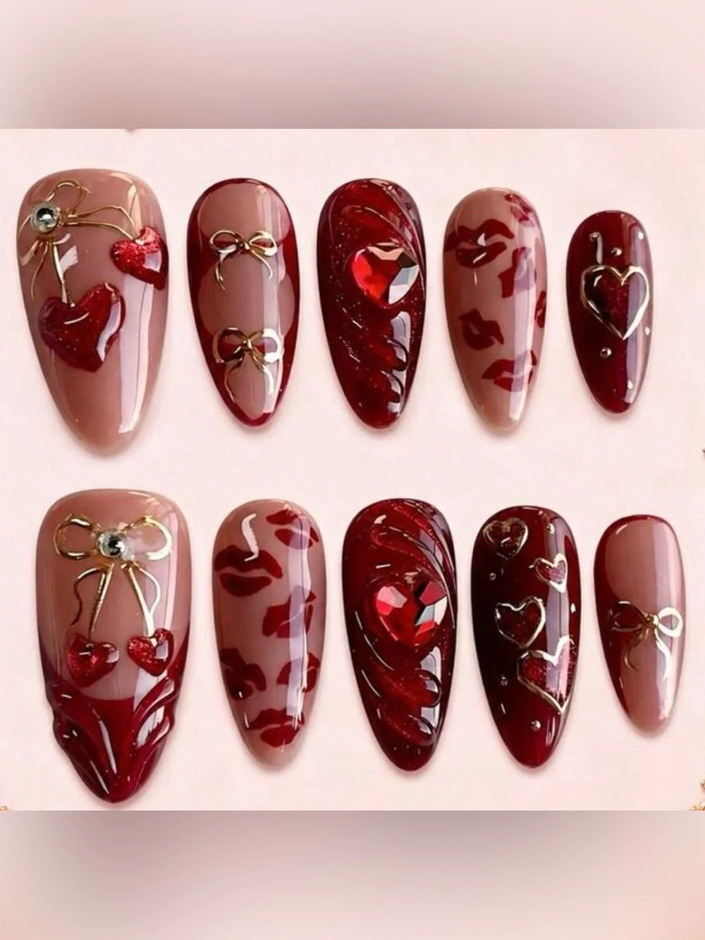 Valentine Red Heart & Bow Press-On Nail Set - 24 pc set